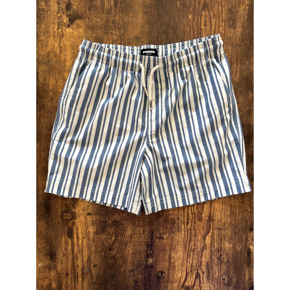 RSQ Swim Boys Blue White Striped Board Shorts XL Drawstring Beach Trunks